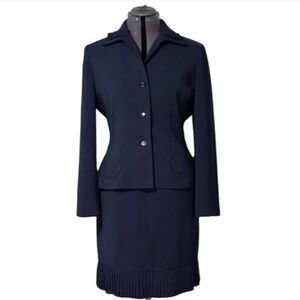 SZ10 Vintage 2pc Skirt Set Pinstripe Pleated Oblique Navy Blazer Tailored